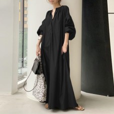 Solid Color Cotton Linen Loose Lantern Sleeve Flared Dress Solid Color Cotton Linen Loose Lantern Sleeve Flared Dress