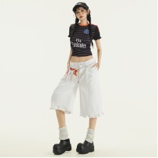 Ruffled Hem Original Dark Blue Denim Capri Pants Summer Low Waist Loose Unique Design Flared Mid-Length Trousers Trendy