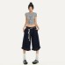 Ruffled Hem Original Dark Blue Denim Capri Pants Summer Low Waist Loose Unique Design Flared Mid-Length Trousers Trendy