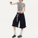 Ruffled Hem Original Dark Blue Denim Capri Pants Summer Low Waist Loose Unique Design Flared Mid-Length Trousers Trendy