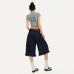 Ruffled Hem Original Dark Blue Denim Capri Pants Summer Low Waist Loose Unique Design Flared Mid-Length Trousers Trendy