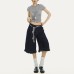Ruffled Hem Original Dark Blue Denim Capri Pants Summer Low Waist Loose Unique Design Flared Mid-Length Trousers Trendy