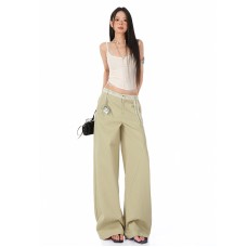 Retro Lace Splicing Casual Pants Women High Waist Loose Slim Straight Leg Wide Leg Long Pants