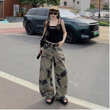 Retro Camouflage Denim Pants for Women, Loose and Slim Straight Leg Wide Leg Trousers