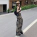 Retro Camouflage Denim Pants for Women, Loose and Slim Straight Leg Wide Leg Trousers