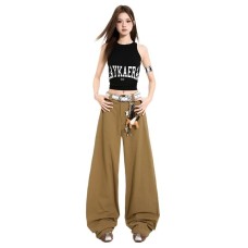 Vintage Khaki Wide-Leg Jeans Women Loose Slimming Vertical Feel Straight Leg Floor-Length Pants