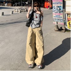Retro Straight Pleated Work Pants Women Street Loose Multi-Pocket Casual Versatile Trousers