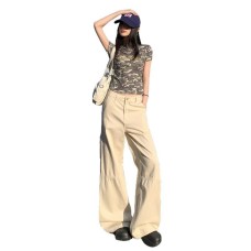 High-Waisted Khaki Cargo Pants for Women - Design Sense Slimming Wide-Leg Casual Trousers