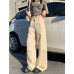 High-Waisted Khaki Cargo Pants for Women - Design Sense Slimming Wide-Leg Casual Trousers