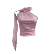 Ribbon hanging neck pleated sloping shoulder sleeveless top