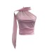 Ribbon hanging neck pleated sloping shoulder sleeveless top
