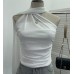 Ribbon hanging neck pleated sloping shoulder sleeveless top