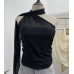Ribbon hanging neck pleated sloping shoulder sleeveless top