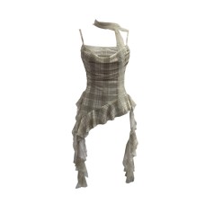 Plaid Splicing Lace Ribbon Swing Neck Tube Top Plaid Splicing Lace Ribbon Swing Neck Tube Top