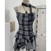 Plaid Splicing Lace Ribbon Swing Neck Tube Top