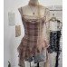 Plaid Splicing Lace Ribbon Swing Neck Tube Top