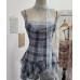 Plaid Splicing Lace Ribbon Swing Neck Tube Top