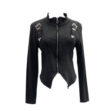 Irregular Zipper Stand Collar Fitted Long Sleeve Base Layer Top