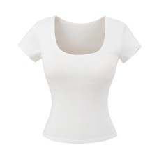 U-shaped solid color short sleeved T-shirt with chest cushion for women