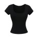 U-shaped solid color short sleeved T-shirt with chest cushion for women