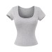 U-shaped solid color short sleeved T-shirt with chest cushion for women