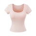 U-shaped solid color short sleeved T-shirt with chest cushion for women