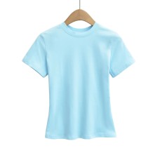 Solid color shoulder high waist short sleeved T-shirt