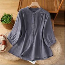 Stand Collar Single Breasted Soft Solid Color Shirt Blouse for Women