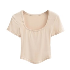 Ice porcelain cotton large U-neck short sleeved T-shirt for women