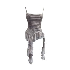 Irregular Lace Splicing Hem Ribbon Ruffle Strapless Camisole Mesh Top