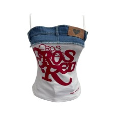 Print Splicing Denim Strapless Crop Top Print Splicing Denim Strapless Crop Top