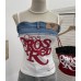 Print Splicing Denim Strapless Crop Top Print Splicing Denim Strapless Crop Top