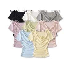 Pink collar knitted short sleeved top for women Pink collar knitted short sleeved top for women