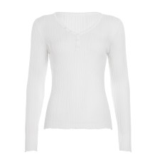 Gentle V-neck Single-breasted Knitted Top Pure Color Slim Long-sleeve Base Layer