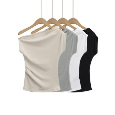 Slanted shoulder short sleeved top