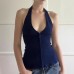 Sexy Low-Cut Zipper Halter Knitted Strap Women's  Pure Color Versatile Elegant Slim Top