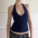 Sexy Low-Cut Zipper Halter Knitted Strap Women's  Pure Color Versatile Elegant Slim Top