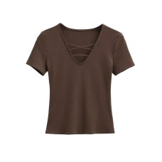 V-neck elastic short sleeved T-shirt