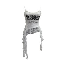 Lace Strapless Crop Top with Irregular Ties and Print Design