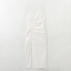Low neck sleeveless white pleated camisole dress for women