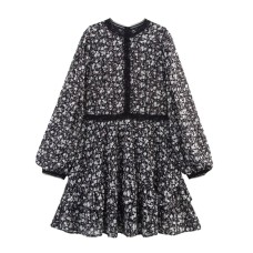 Round neck long sleeved single breasted waist cinched dress for women