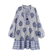 V-neck long sleeved printed versatile shirt dress for women