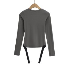 Round neck long sleeved waist cinching jumpsuit
