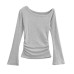 Slant shoulder straight shoulder pleated trumpet sleeve long sleeved