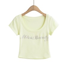 Letter rhinestone U-neck shoulder short sleeved T-shirt Letter rhinestone U-neck shoulder short sleeved T-shirt