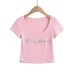 Letter rhinestone U-neck shoulder short sleeved T-shirt