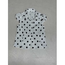 Style Pure Desire Girl's Large Polka Dot Printed Polo Collar Back Tie Shirt Bubble Sleeve Waist-Cinched Fitted Top