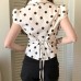 Style Pure Desire Girl's Large Polka Dot Printed Polo Collar Back Tie Shirt Bubble Sleeve Waist-Cinched Fitted Top