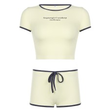 Lovely Memory  Sporty Style Color Block Letter Embroidery Strapless Top Striped Splicing Shorts Two-Piece Set