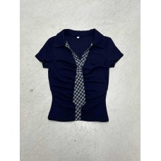 Plaid Collar Tie Turn-down Collar Shirt Design Pleated Waist Slimming Spicy Girl Style Short Sleeve Top